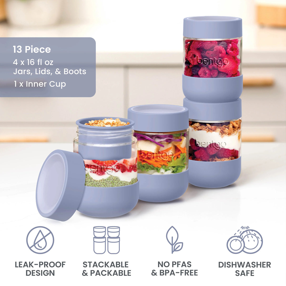 Bentgo Leak-Proof Glass Food Jars, Boots, & Inner Cup (16 fl oz Jars)